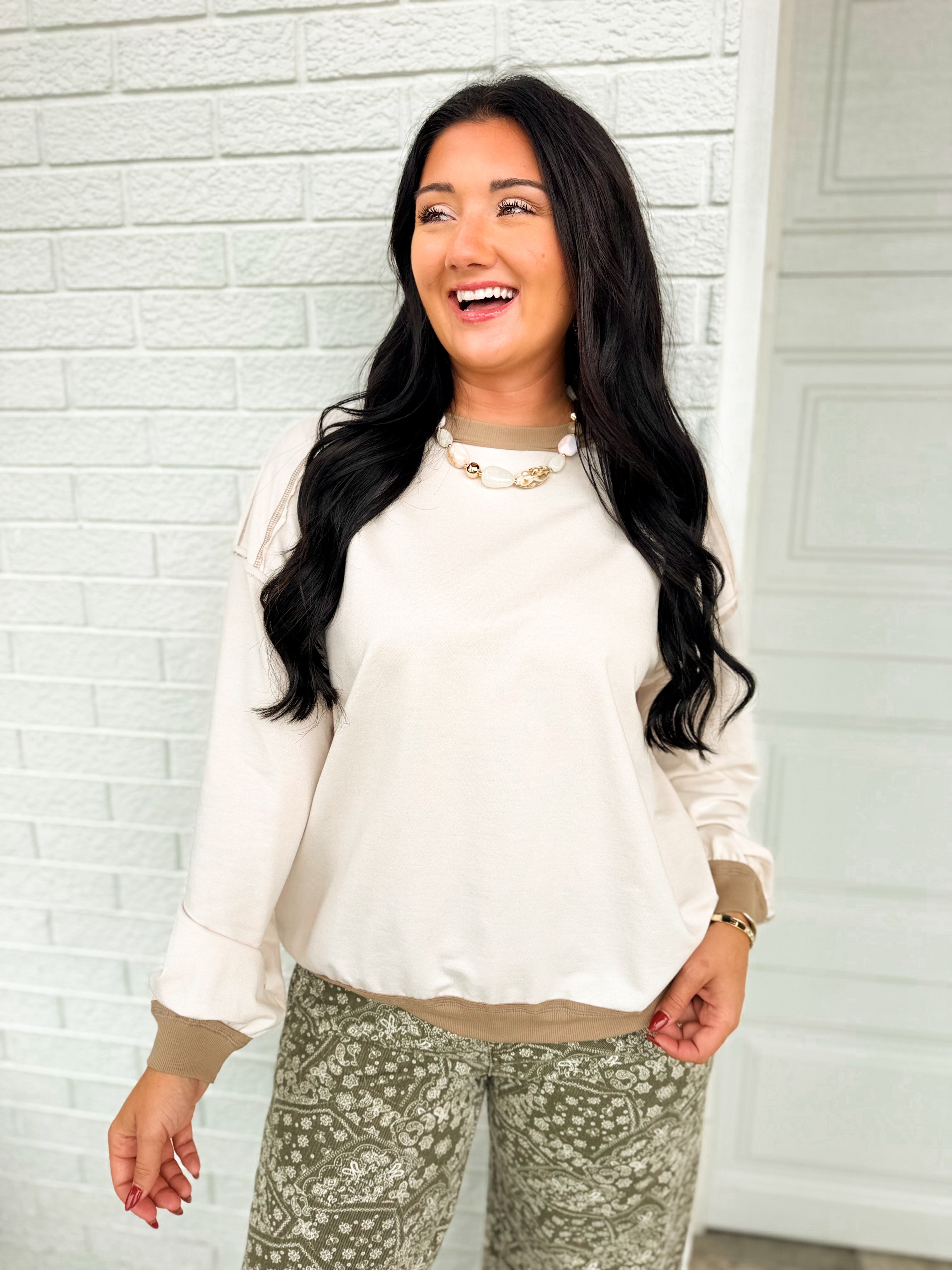 Contrast Trim Exposed Seam Knit Top - Oatmeal - Lace and Grace Boutique