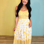 Strap Tied Smocked Mixed Print Midi Dress - Yellow Bell Mix - Lace and Grace Boutique
