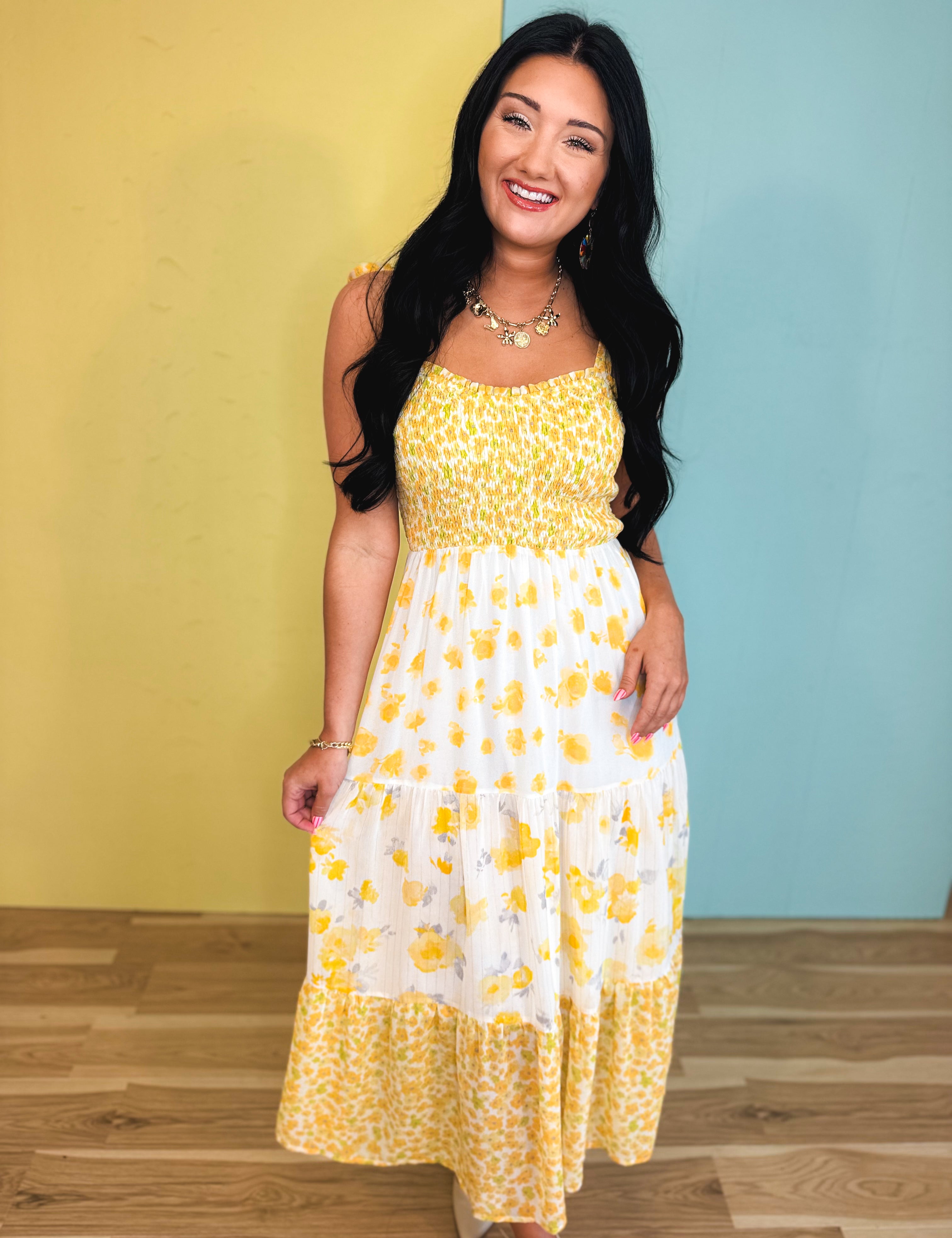 Strap Tied Smocked Mixed Print Midi Dress - Yellow Bell Mix - Lace and Grace Boutique