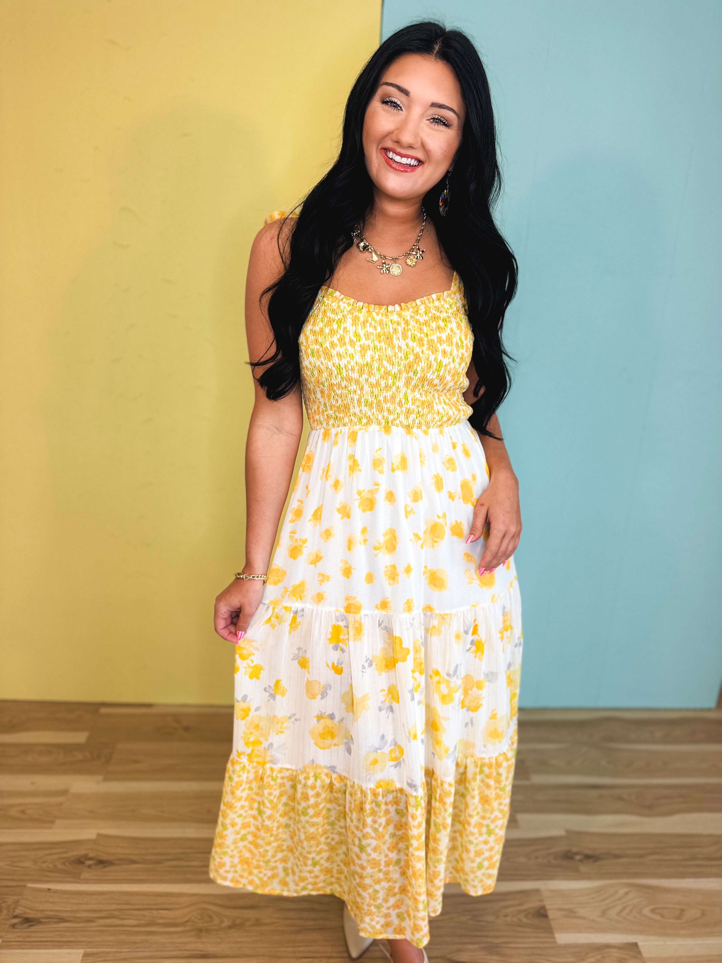 Strap Tied Smocked Mixed Print Midi Dress - Yellow Bell Mix - Lace and Grace Boutique