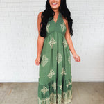 Smocked Border Print Maxi Dress - Rich Teal - Lace and Grace Boutique