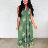 Smocked Border Print Maxi Dress - Rich Teal - Lace and Grace Boutique