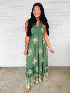 Smocked Border Print Maxi Dress - Rich Teal - Lace and Grace Boutique