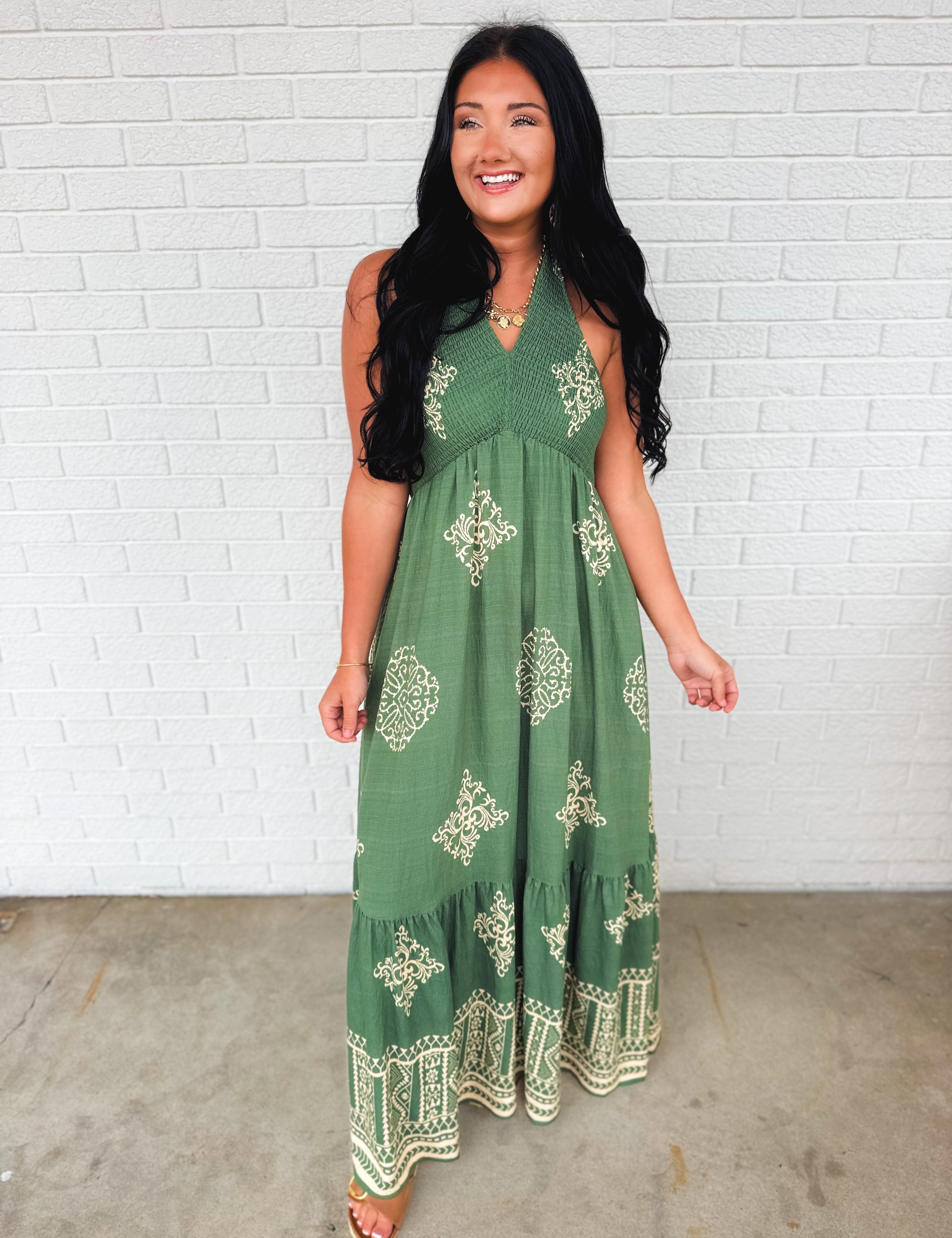 Smocked Border Print Maxi Dress - Rich Teal - Lace and Grace Boutique