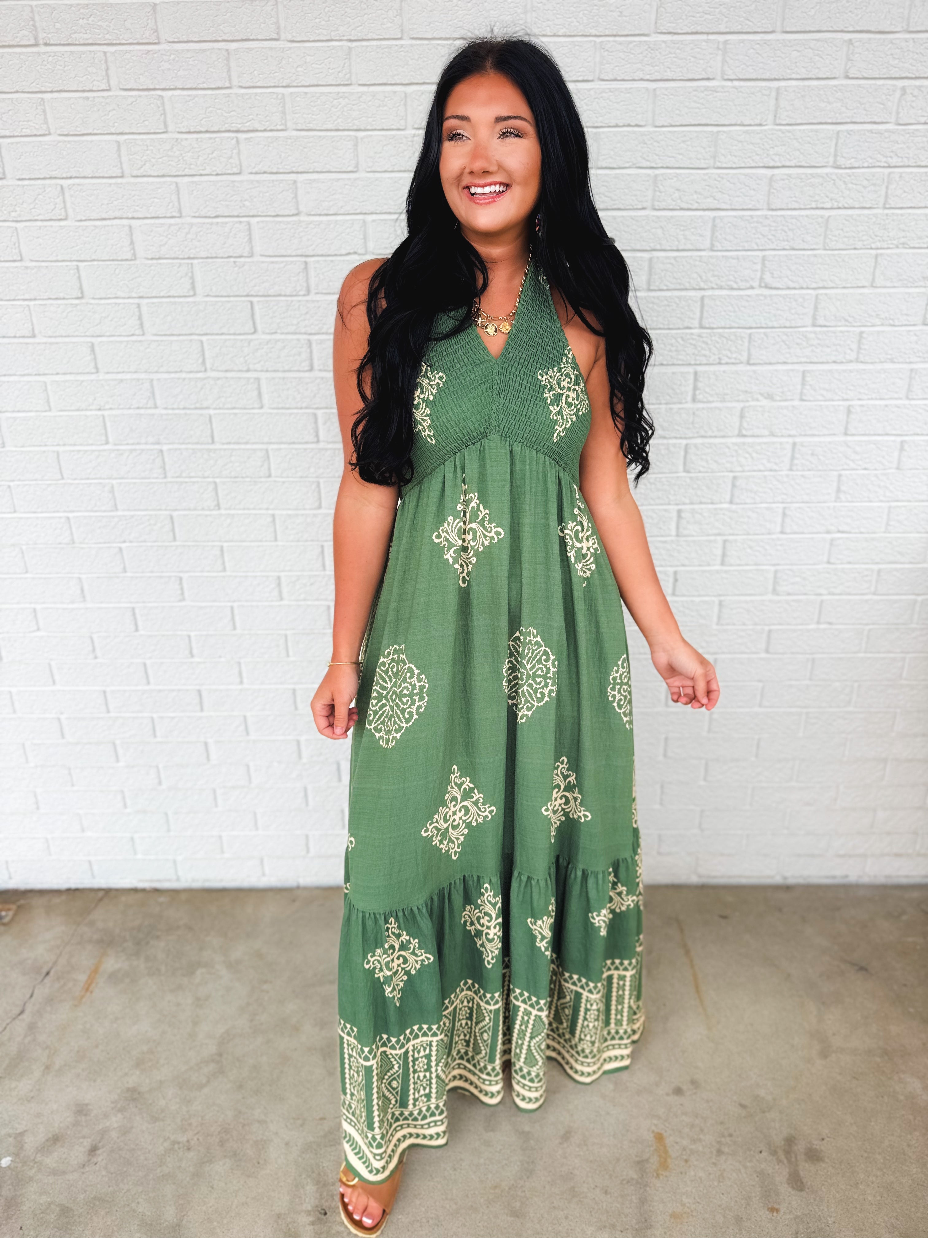 Smocked Border Print Maxi Dress - Rich Teal - Lace and Grace Boutique