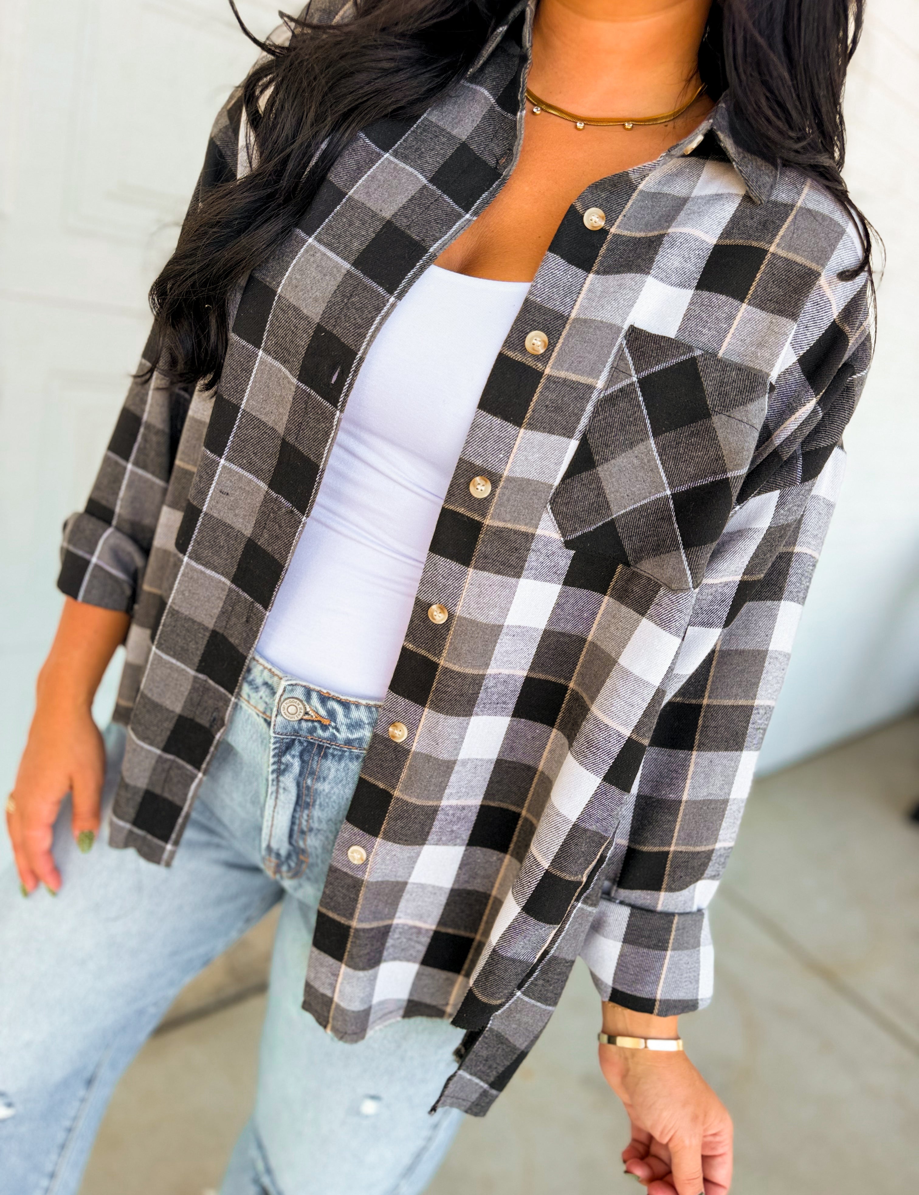 Oversized Button Down Plaid Flannel Top - Black/White - Lace and Grace Boutique