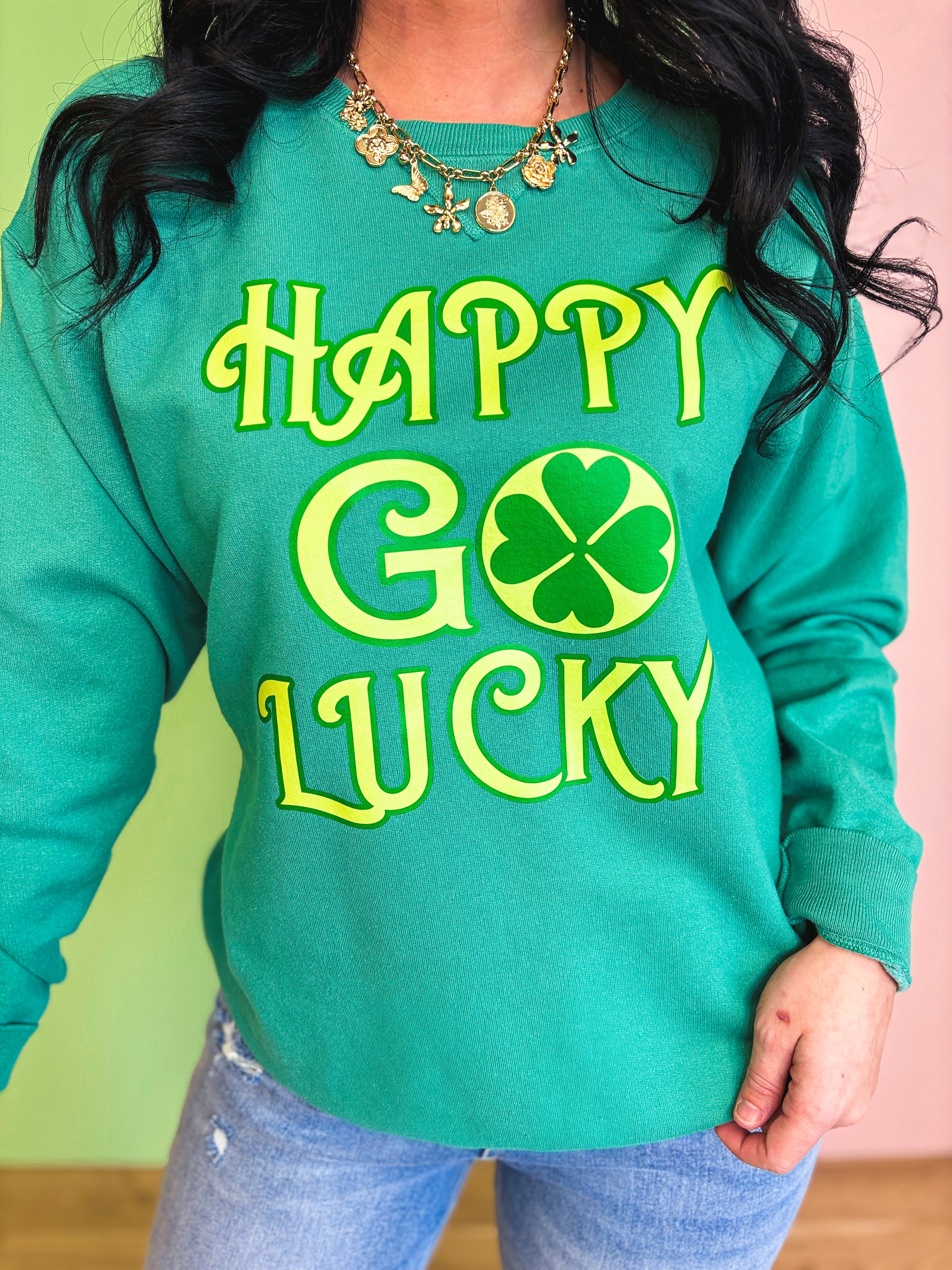 Happy Go Lucky Sweatshirt - Green - Lace and Grace Boutique