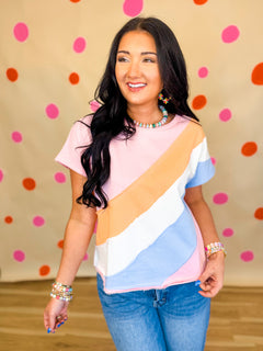 Diagonal Color Block French Terry Top - Candy Pink Combo - Lace and Grace Boutique