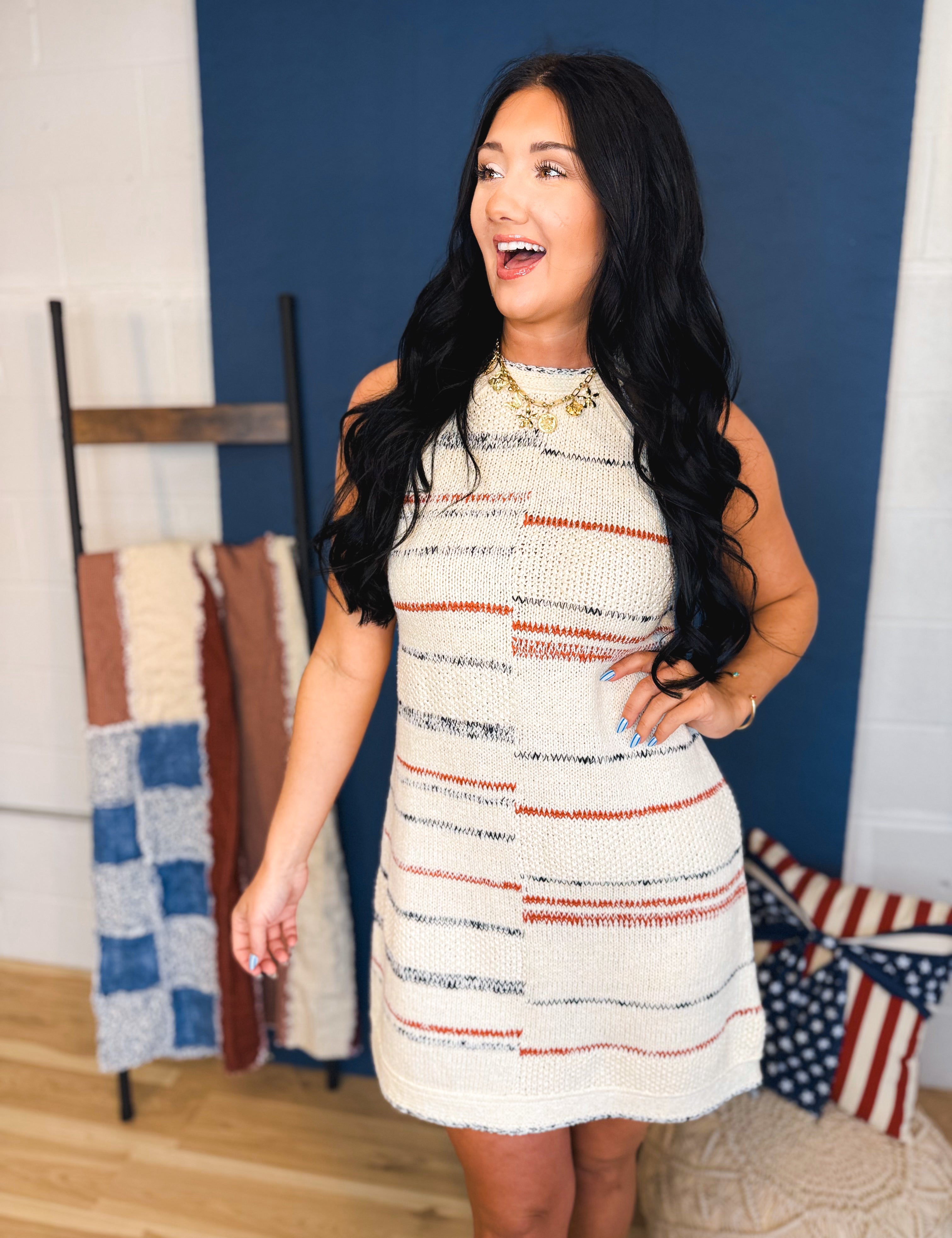 Textured Strip Pattern Knit Mini Dress - Cream Multi - Lace and Grace Boutique