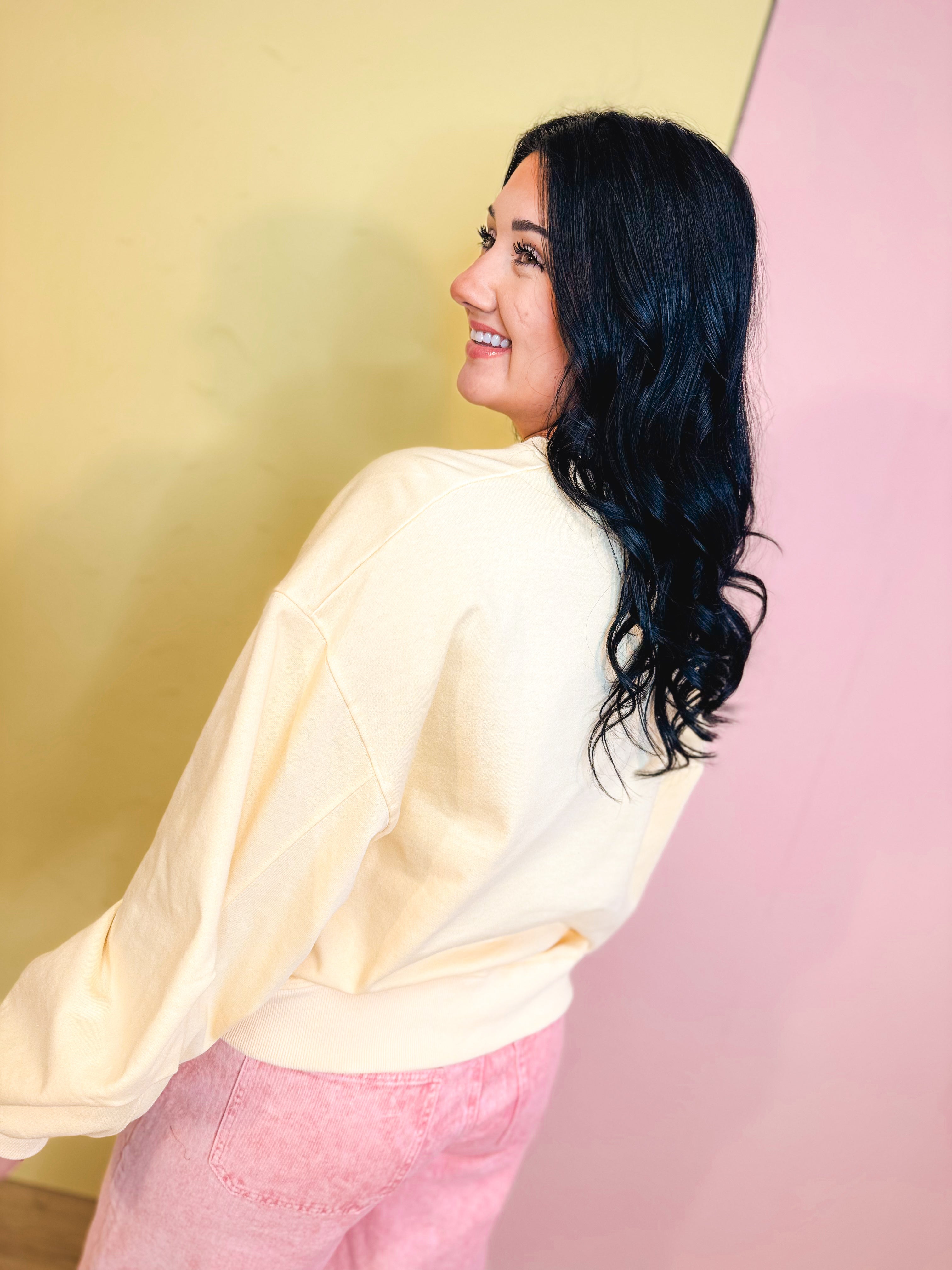 Gingham Bunny Patch Oversized Sweatshirt - Butter - Lace and Grace Boutique