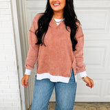 Fleece Acid Wash Contrast Trim Pullover - Rust