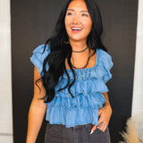 Tiered Flutter Sleeve Chambray Denim Top - Lace and Grace Boutique