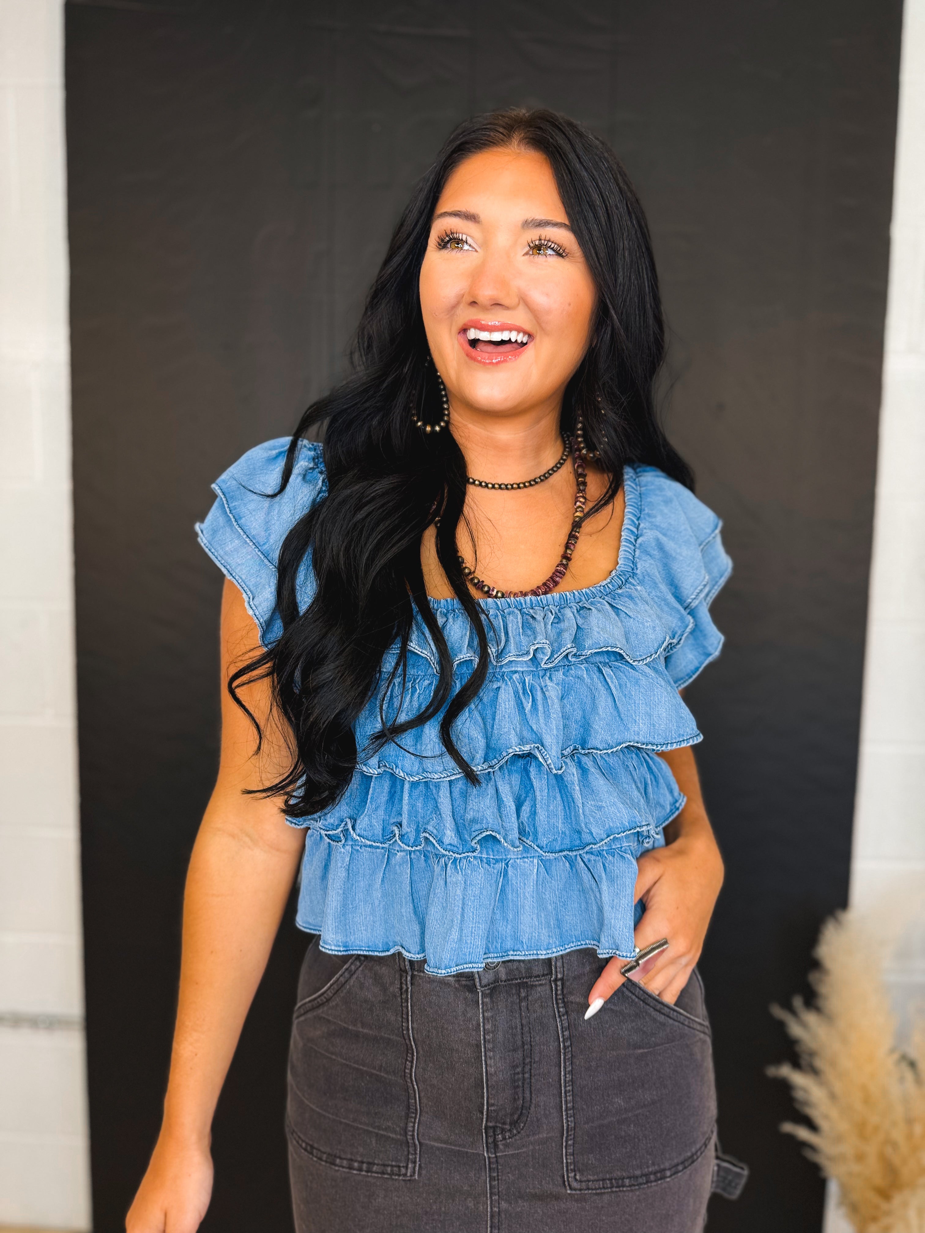 Tiered Flutter Sleeve Chambray Denim Top - Lace and Grace Boutique