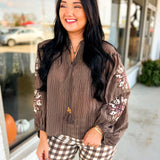 Embroidered Quilt Star Patch Crinkled Blouse - Chocolate