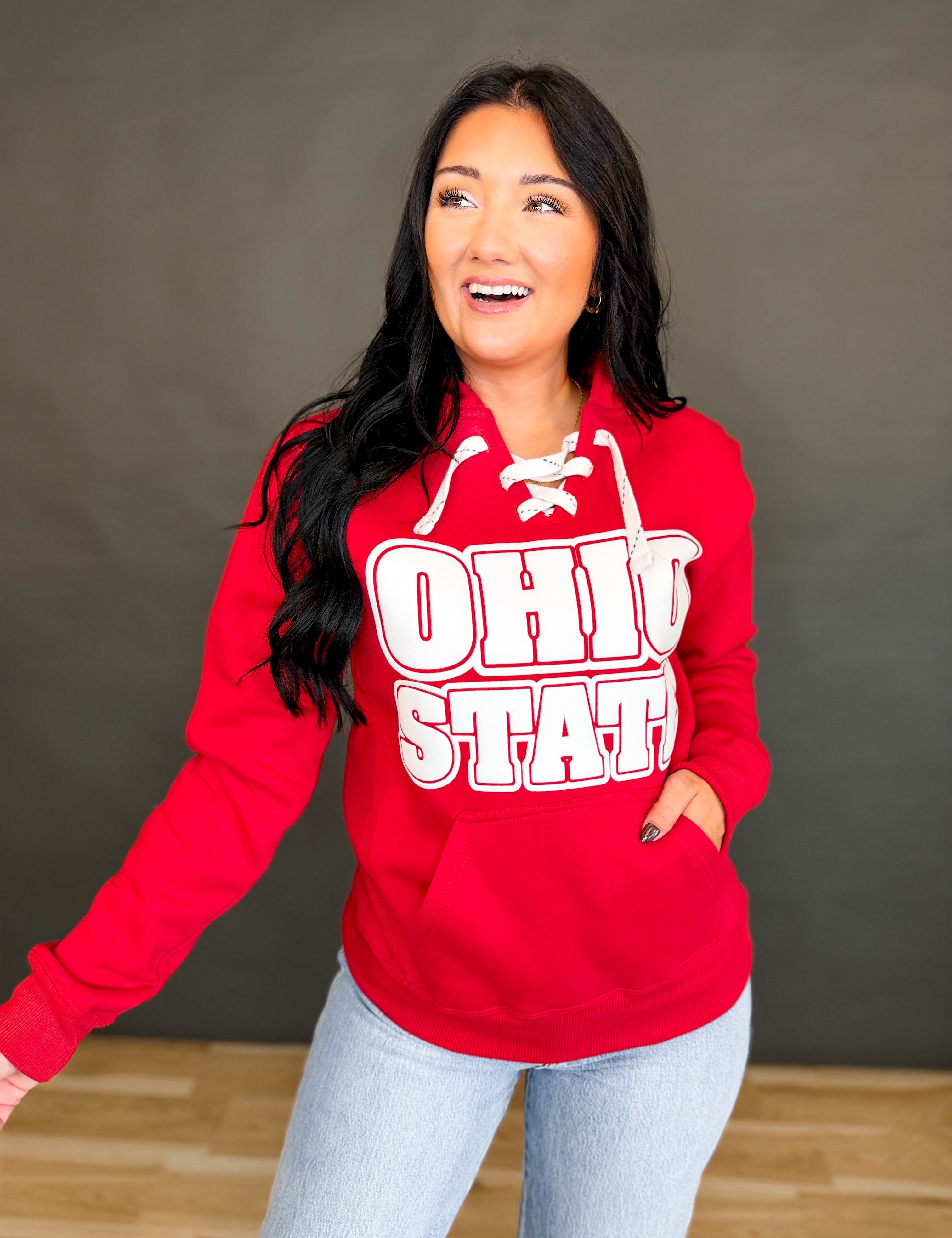 Ohio State Puff Letter Laced Up Hoodie - Red - Lace and Grace Boutique