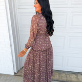Smocked Floral Ruffle Detail Maxi Dress - Chestnut