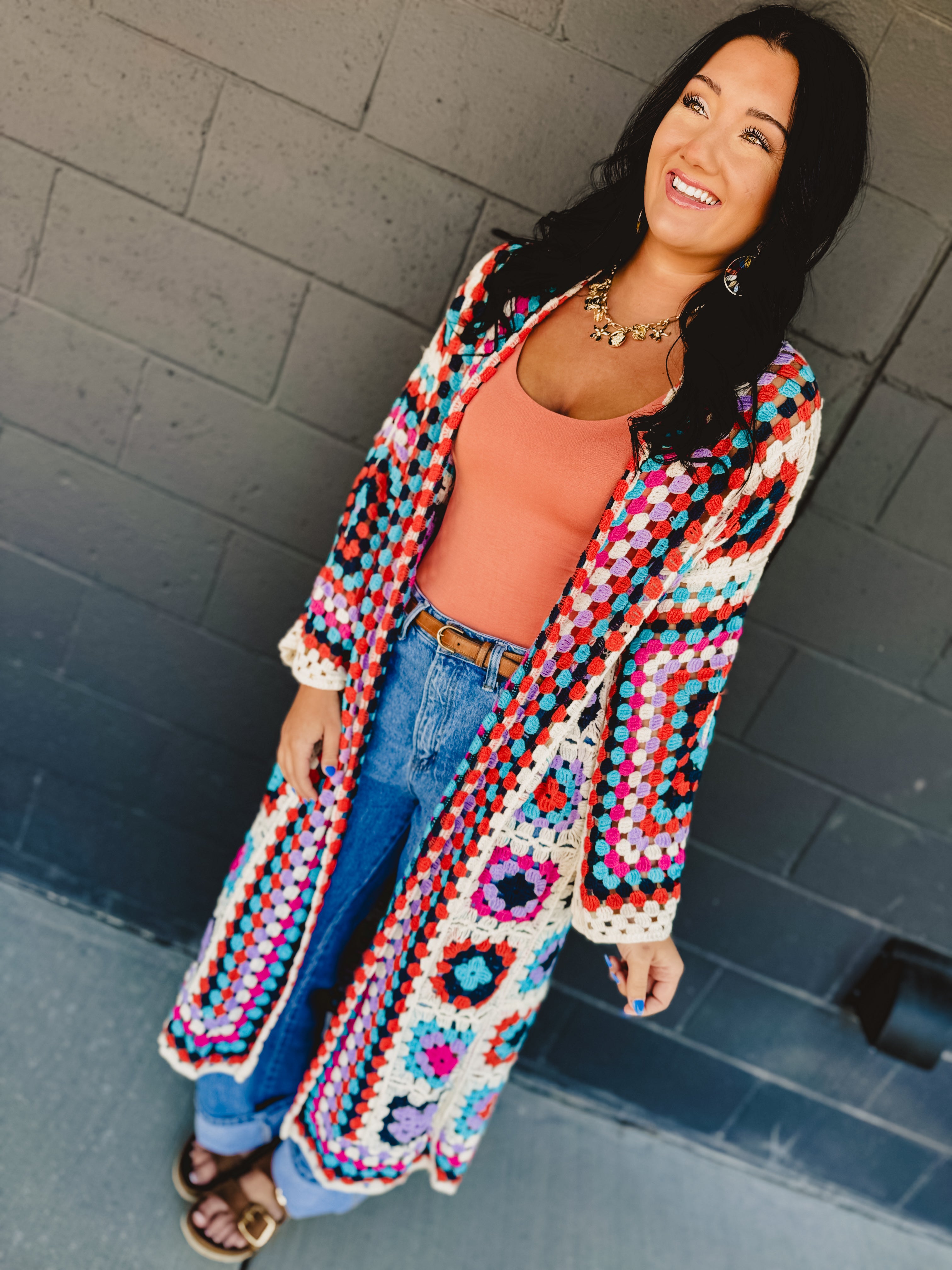 POL Granny Square Crochet Cardigan - Beige Multi - Lace and Grace Boutique