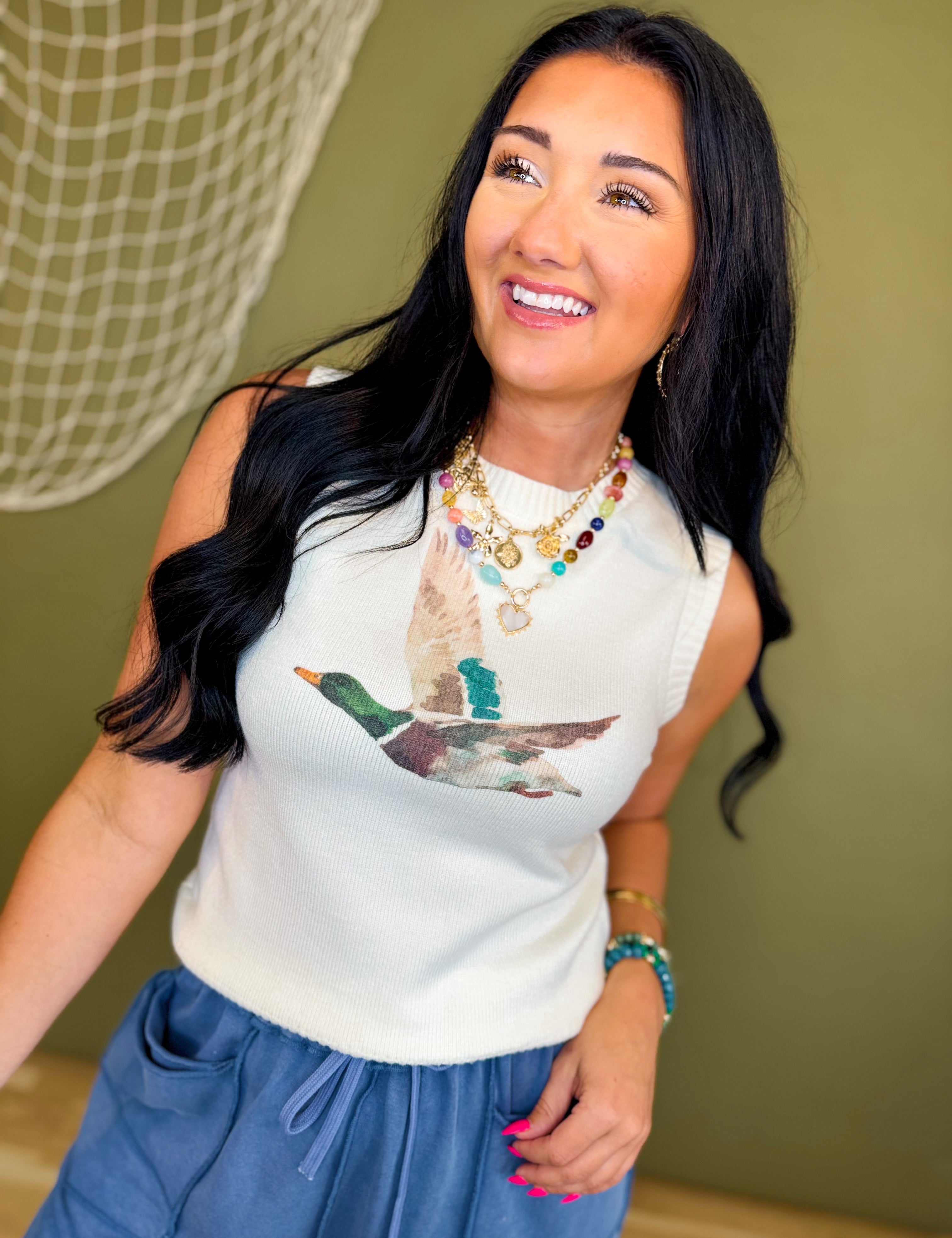 Mallard Duck Printed Sweater Tank Top - Ivory - Lace and Grace Boutique