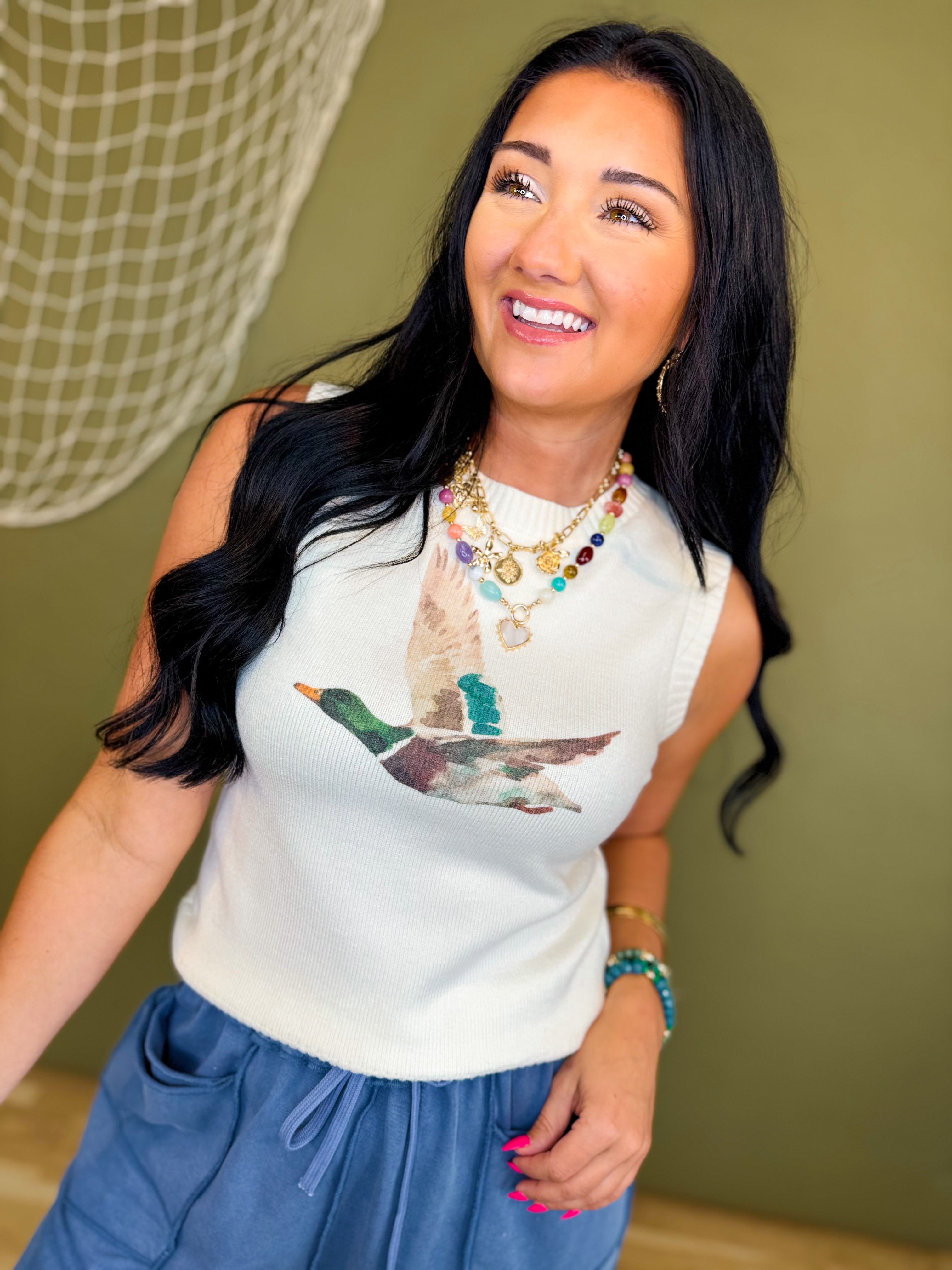 Mallard Duck Printed Sweater Tank Top - Ivory - Lace and Grace Boutique
