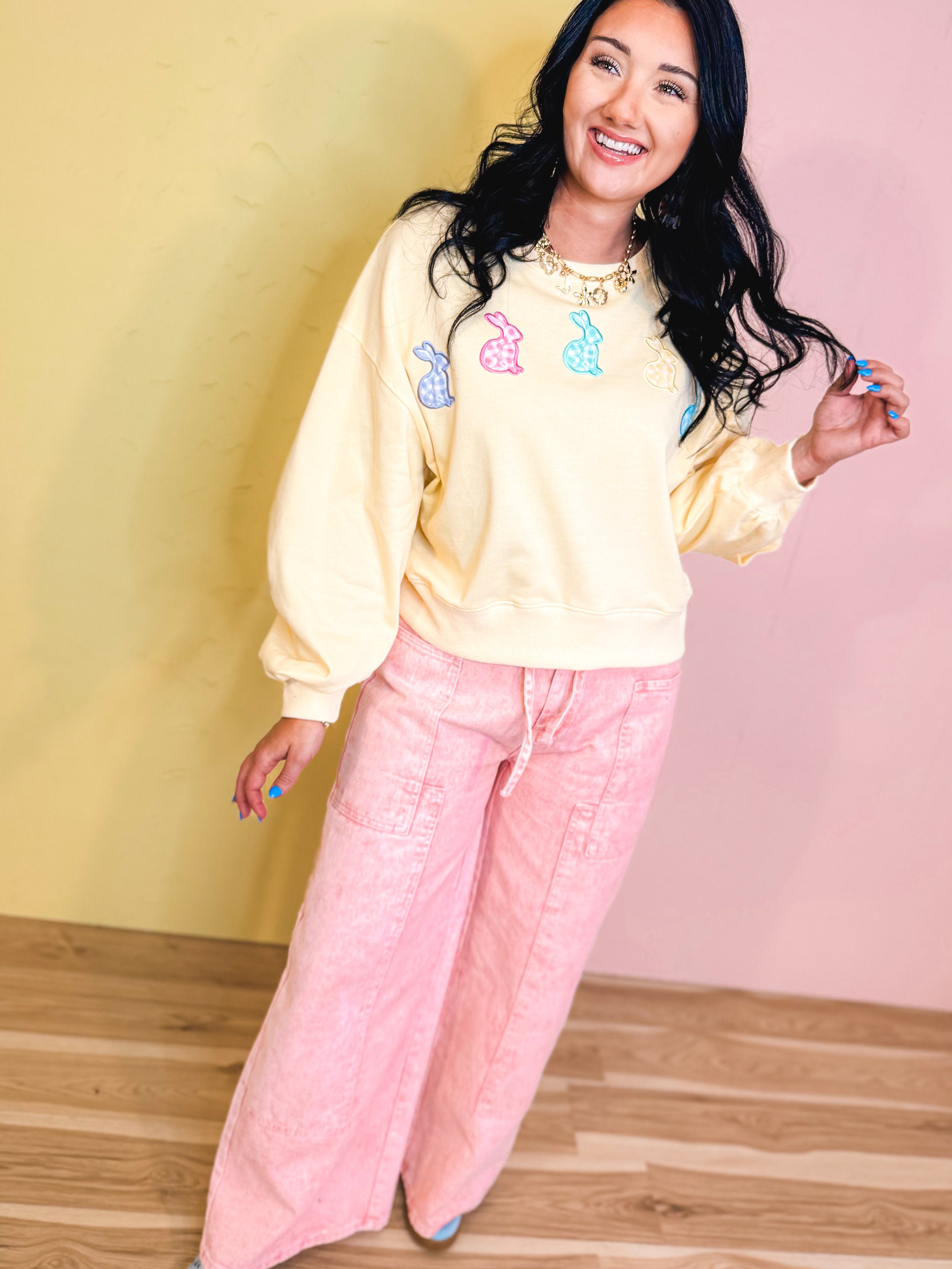 Gingham Bunny Patch Oversized Sweatshirt - Butter - Lace and Grace Boutique