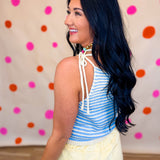 Striped Shoulder Tie Knit Tank Top - Blue/Lemon