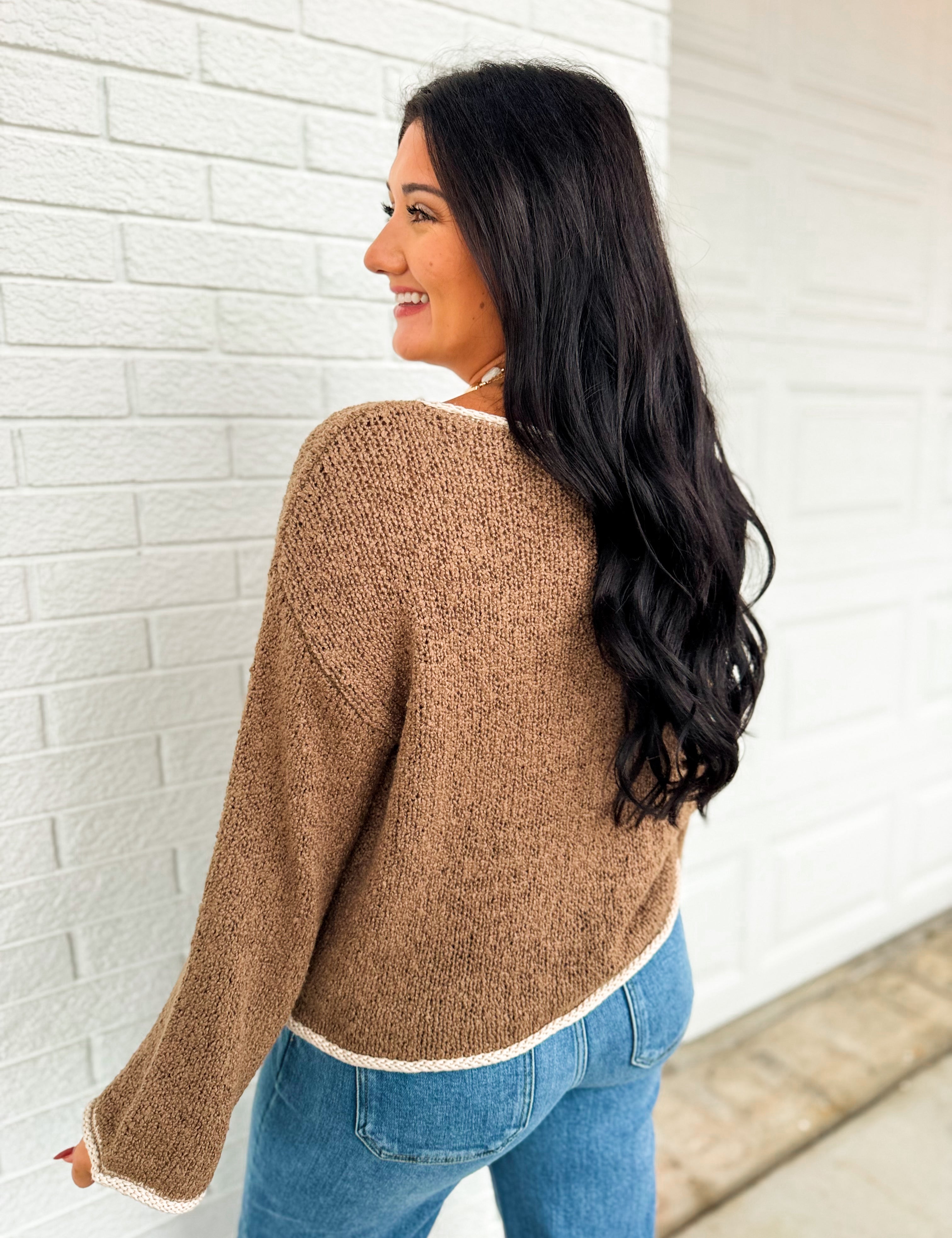 Boat Neck Contrast Trim Knit Sweater - Mocha - Lace and Grace Boutique