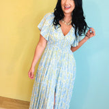 Smocked Waist Button Down Floral Maxi Dress - Cornflower - Lace and Grace Boutique