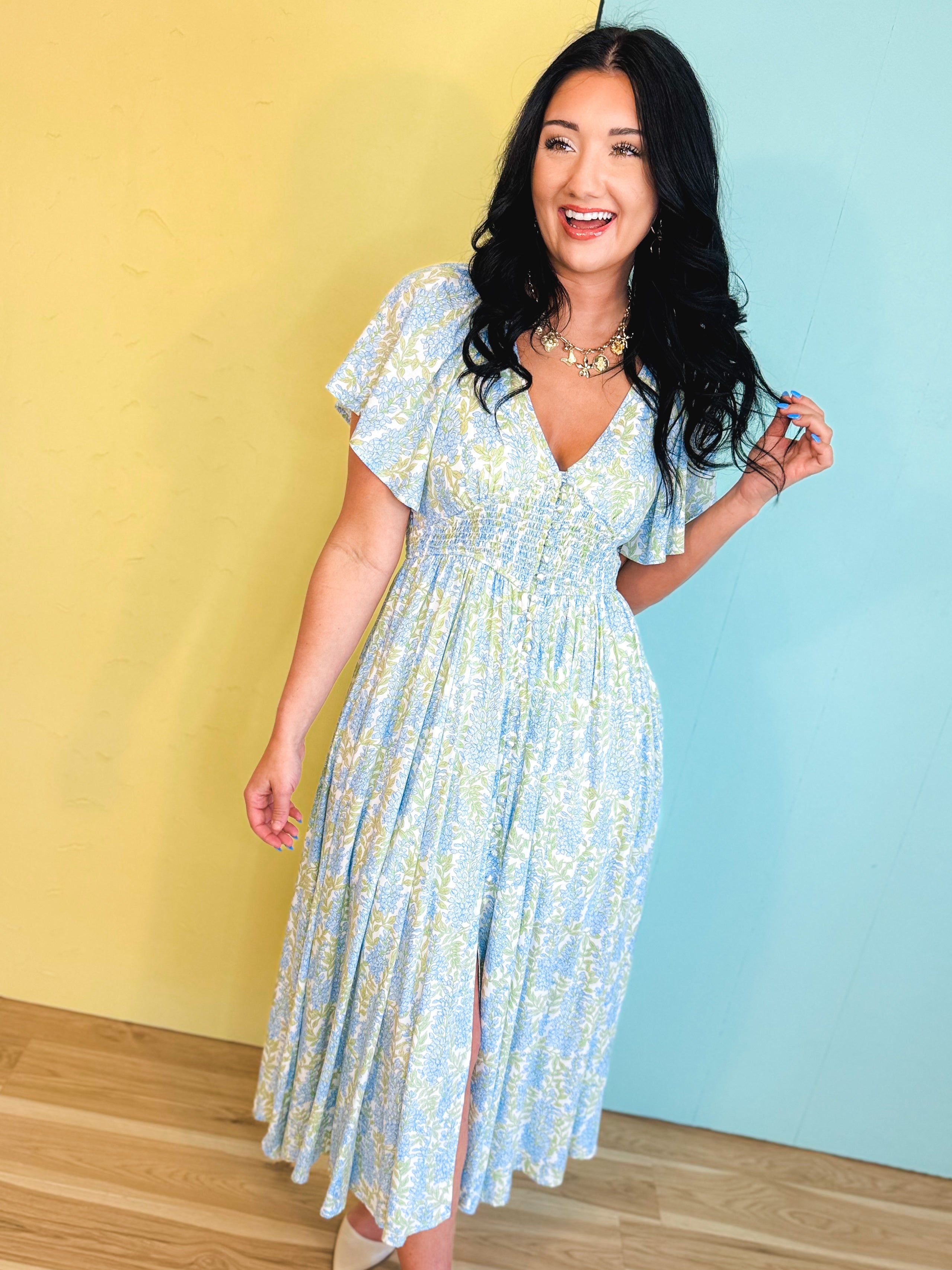 Smocked Waist Button Down Floral Maxi Dress - Cornflower - Lace and Grace Boutique