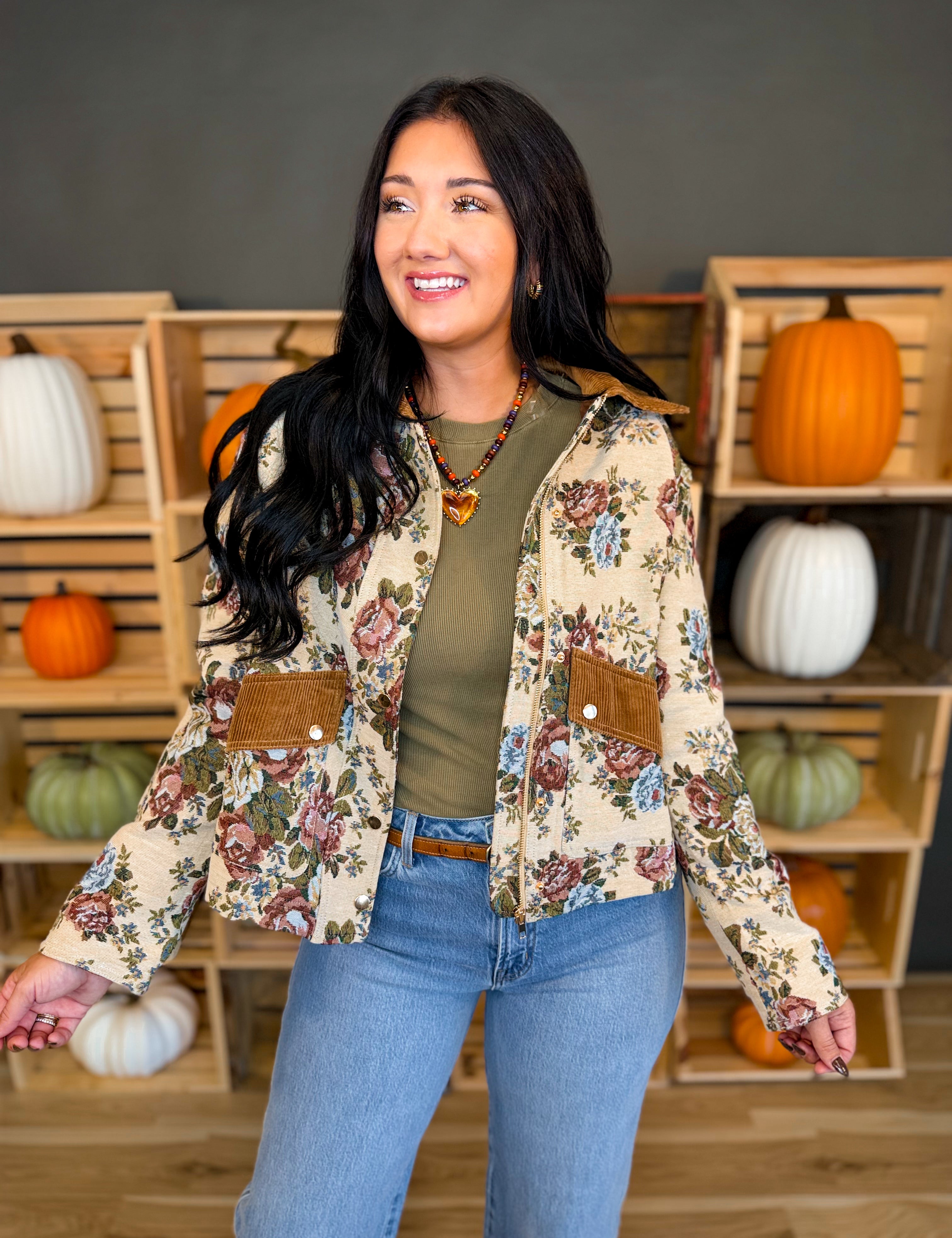 Vintage Floral Tapestry Corduroy Detail Jacket - Lace and Grace Boutique