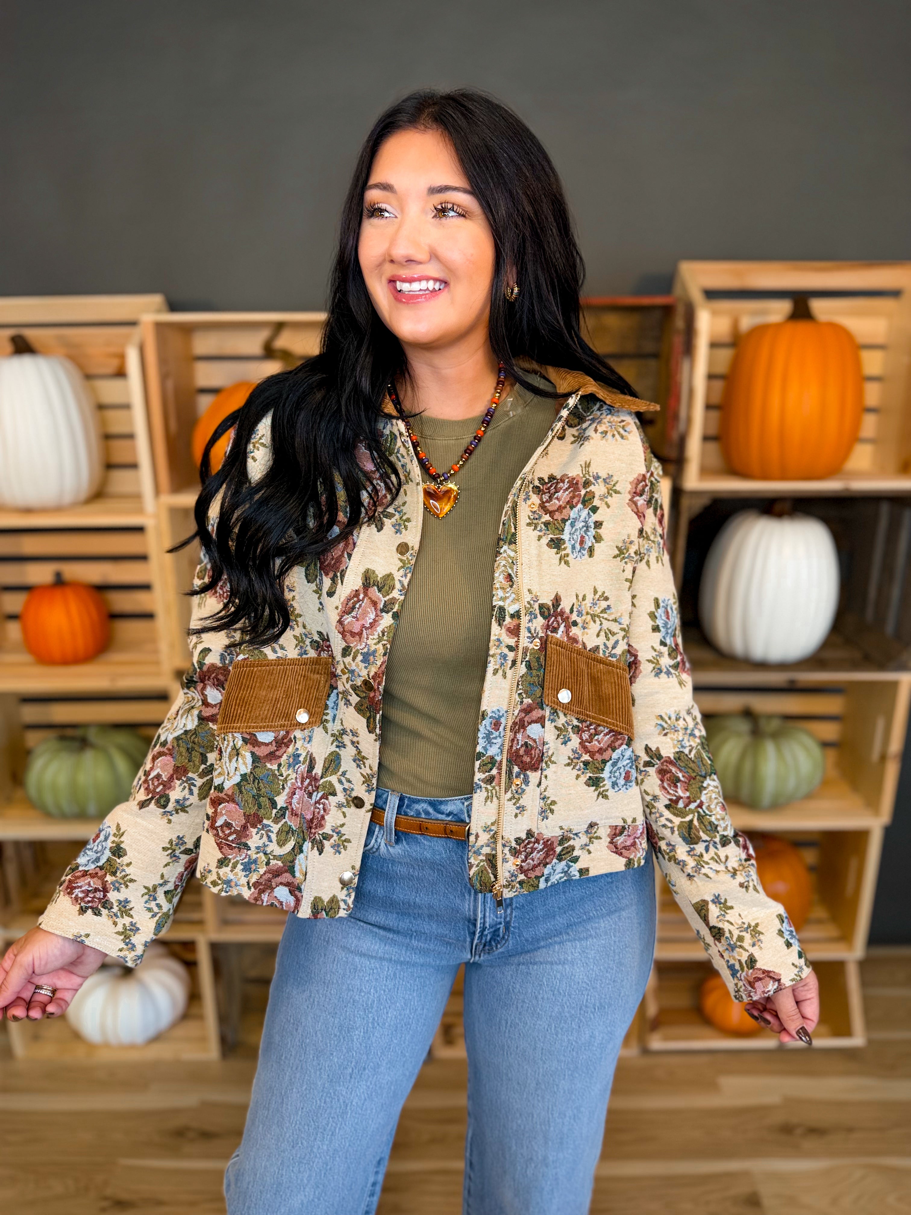 Vintage Floral Tapestry Corduroy Detail Jacket - Lace and Grace Boutique