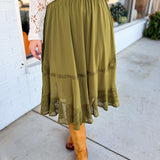 Crinkled Woven Lace Detail Midi Skirt - Olive