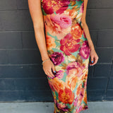 Strapless Bias Cut Satin Maxi Dress - Parisian Floral - Lace and Grace Boutique
