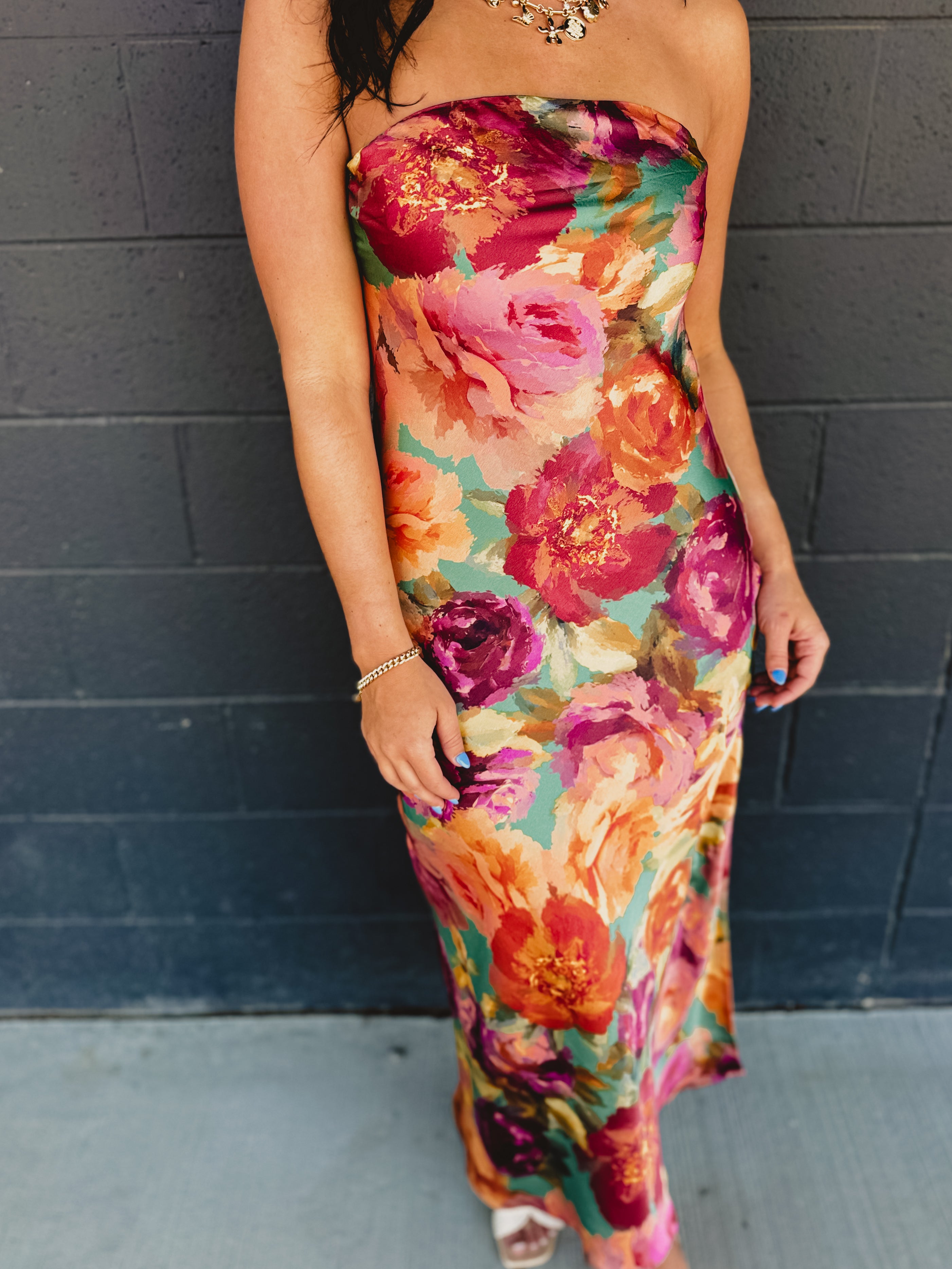 Strapless Bias Cut Satin Maxi Dress - Parisian Floral - Lace and Grace Boutique