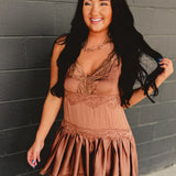 Satin Slip Lace Trim Babydoll Mini Dress - Mocha
