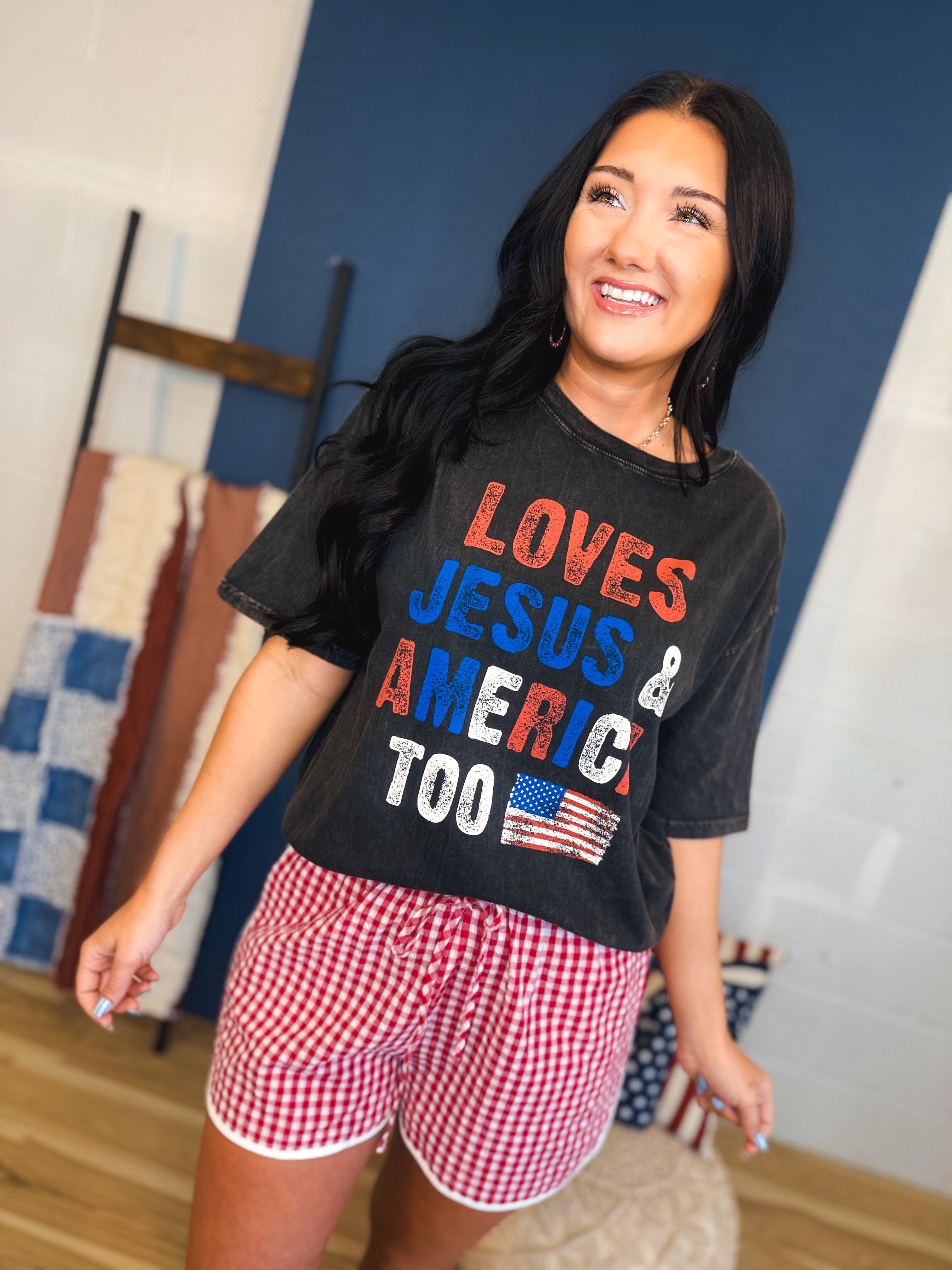 Loves Jesus & America Too Mineral Graphic Tee - Black - Lace and Grace Boutique