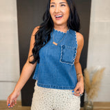 Washed Denim Scalloped Trim Tank Top - Denim