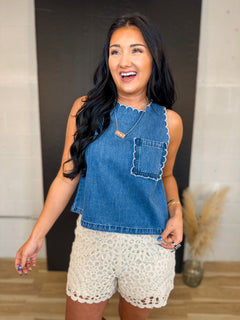 Washed Denim Scalloped Trim Tank Top - Denim - Lace and Grace Boutique