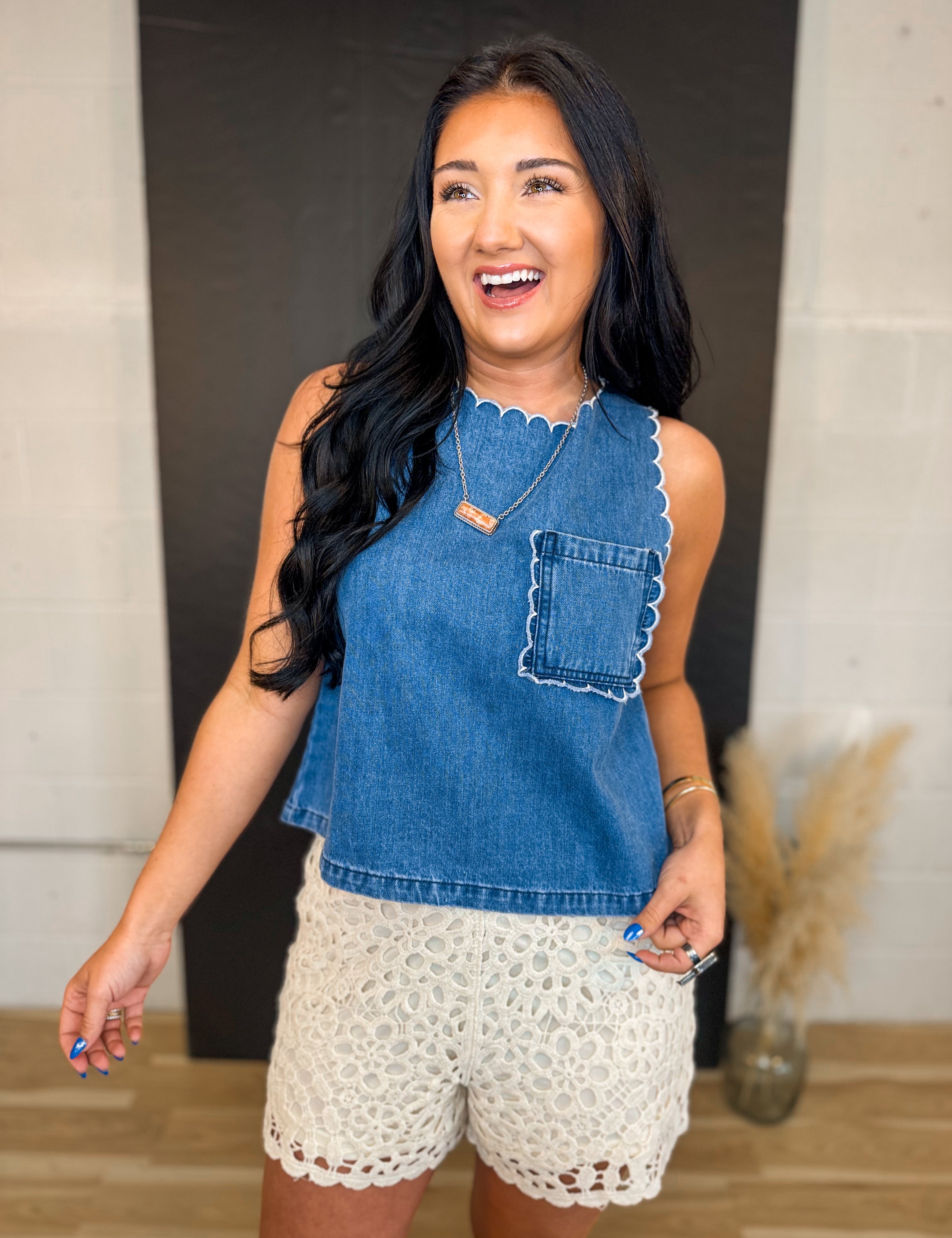 Washed Denim Scalloped Trim Tank Top - Denim - Lace and Grace Boutique