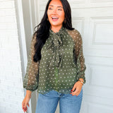 Polka Dot Tie Neck Chiffon Blouse - Dark Sage