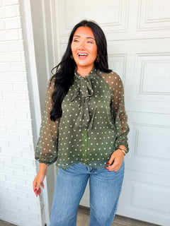 Polka Dot Tie Neck Chiffon Blouse - Dark Sage - Lace and Grace Boutique