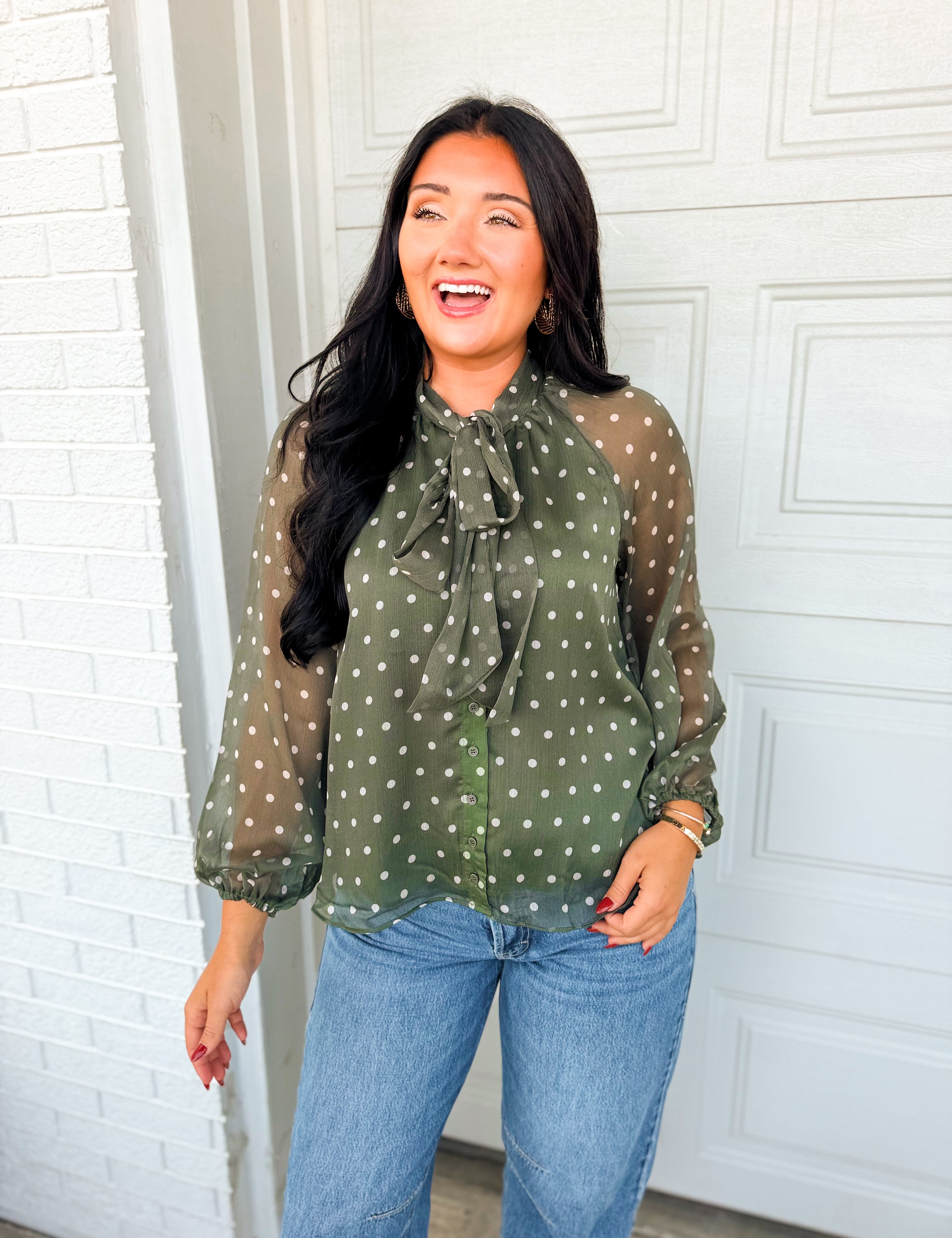 Polka Dot Tie Neck Chiffon Blouse - Dark Sage - Lace and Grace Boutique