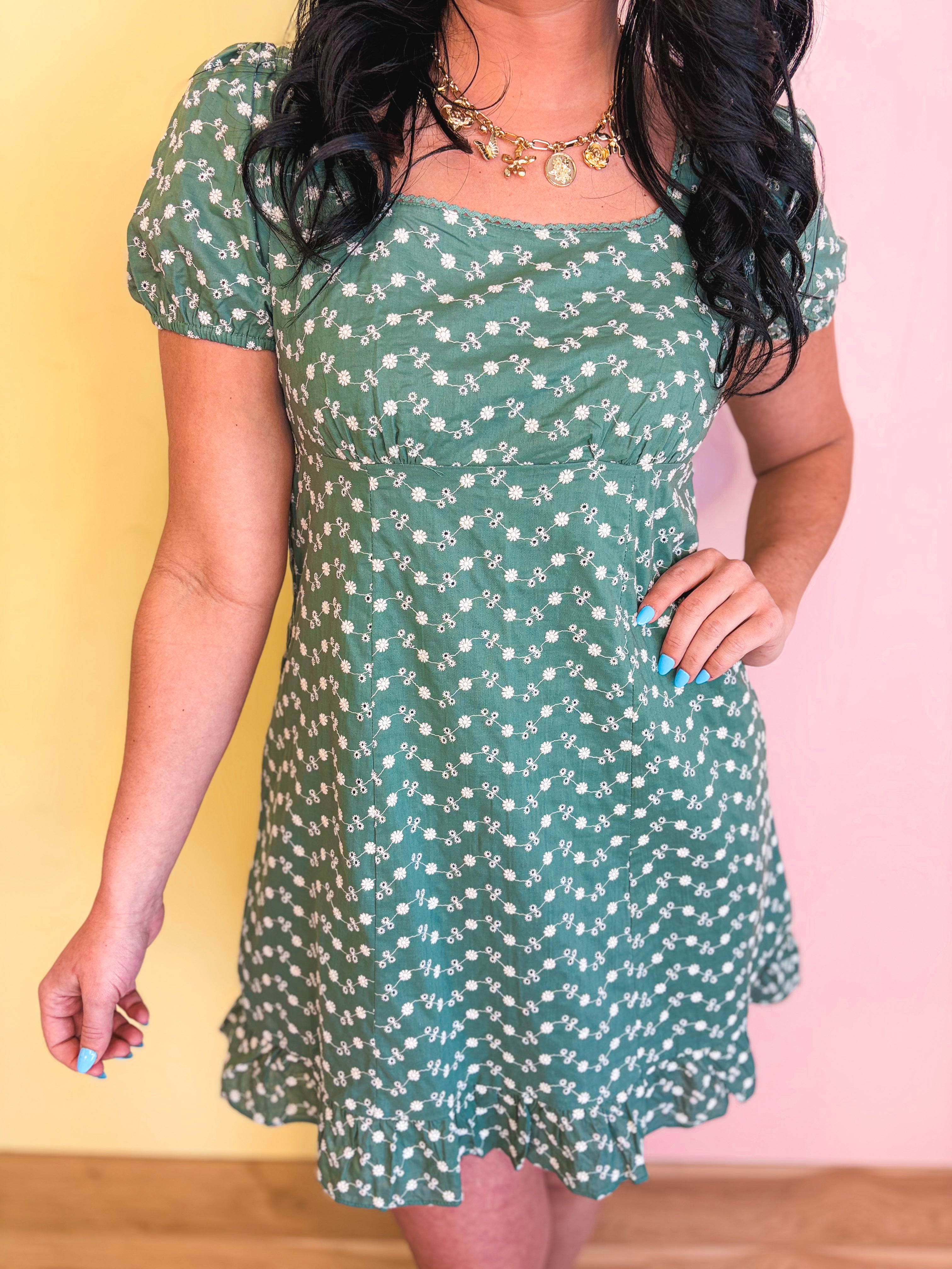 Embroidered Babydoll Mini Dress - Eucalyptus - Lace and Grace Boutique