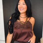 Lace Trim Satin Camisole Tank Top - Brown - Lace and Grace Boutique