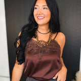 Lace Trim Satin Camisole Tank Top - Brown - Lace and Grace Boutique