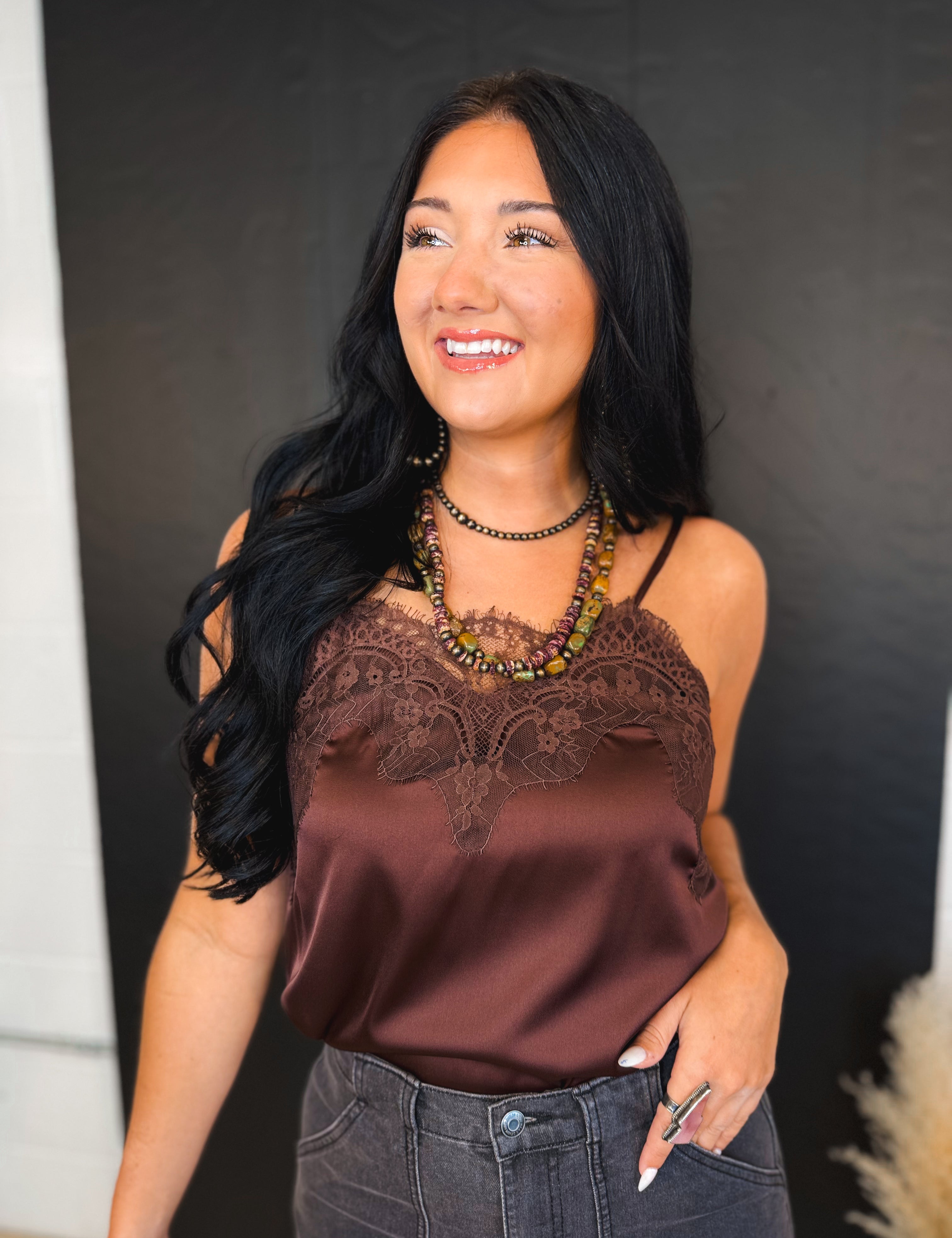 Lace Trim Satin Camisole Tank Top - Brown - Lace and Grace Boutique