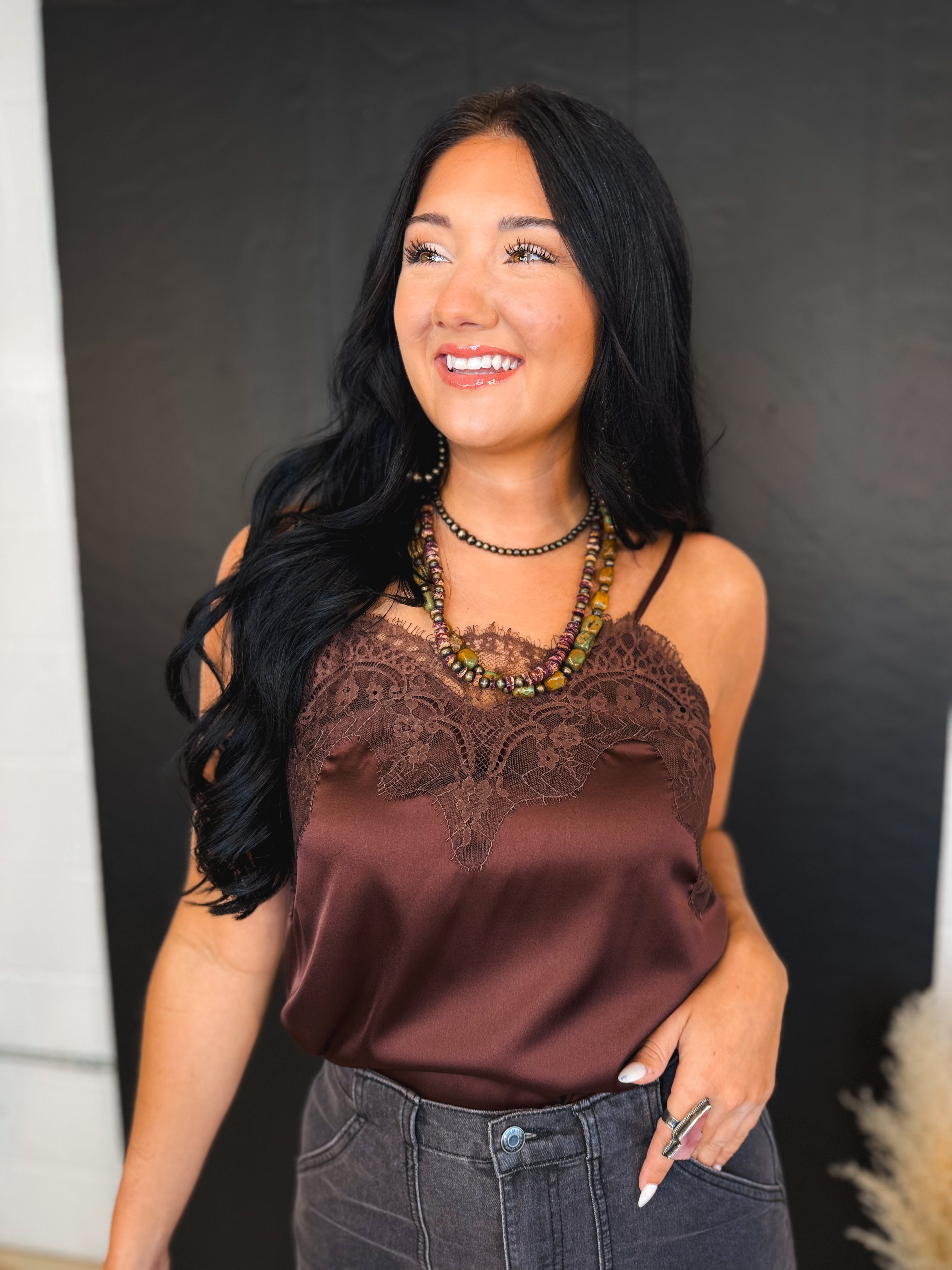 Lace Trim Satin Camisole Tank Top - Brown - Lace and Grace Boutique