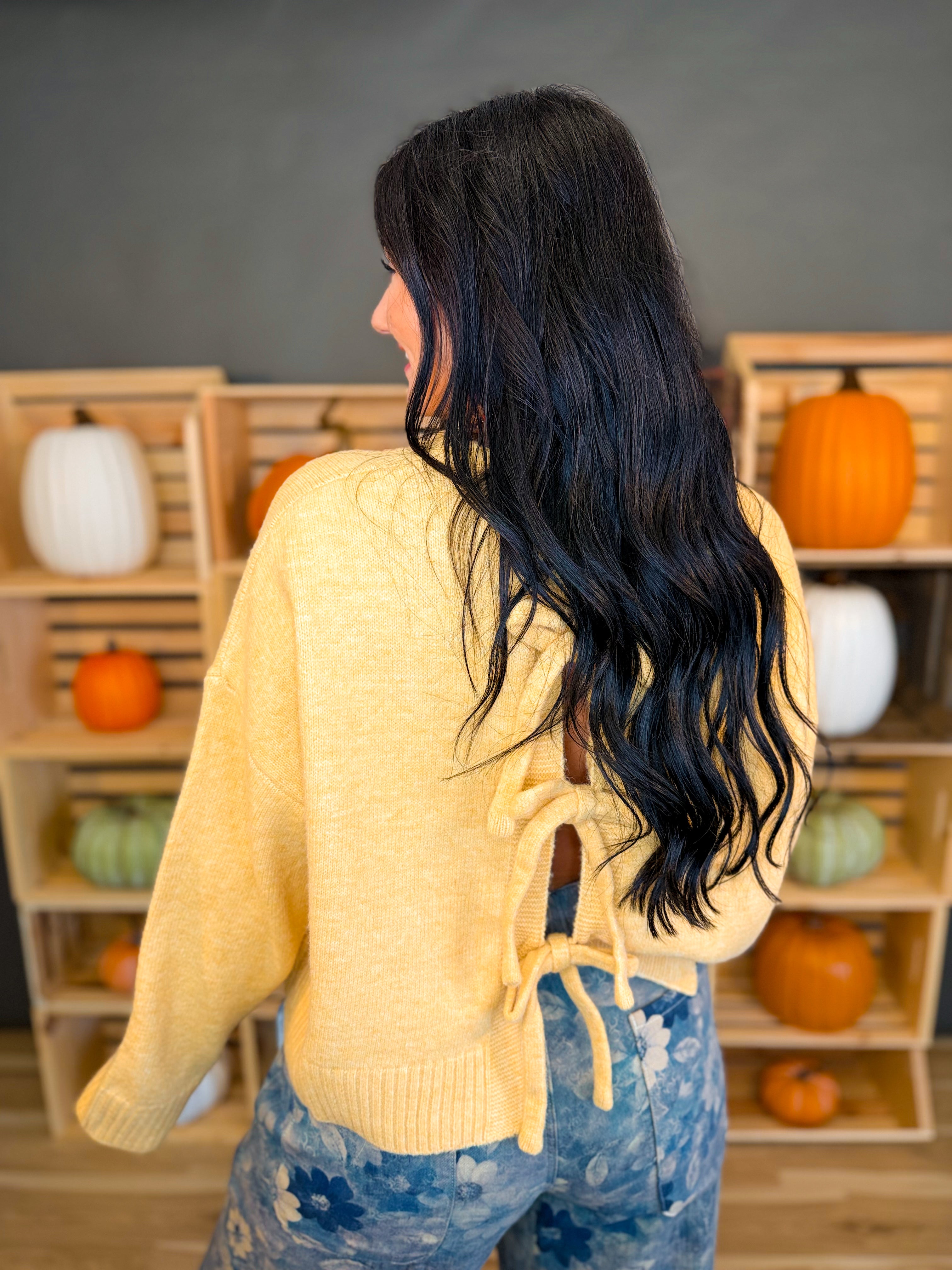 Tie-Back Crewneck Cropped Sweater - Marigold - Lace and Grace Boutique
