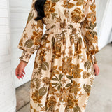 Fall Floral Printed Long Sleeve Midi Dress - Sand Multi
