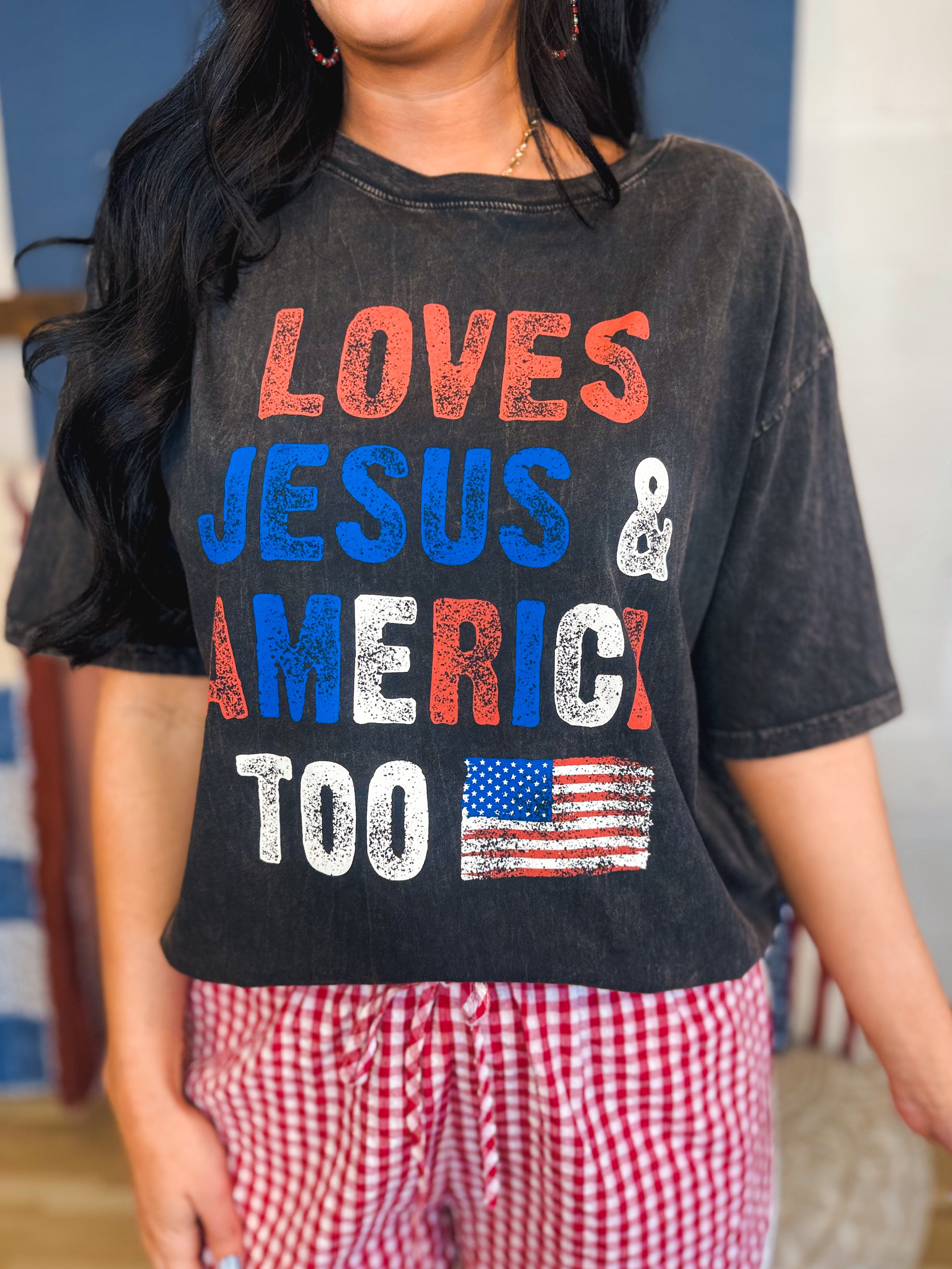 Loves Jesus & America Too Mineral Graphic Tee - Black - Lace and Grace Boutique