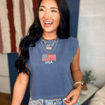 USA Embroidered Muscle Tee - Washed Navy - Lace and Grace Boutique